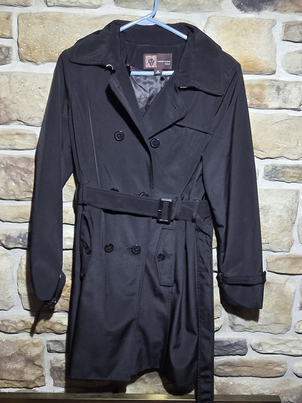Anne Klein Coat Womens Medium Black Double Breasted Belted Trench Coat Jacket